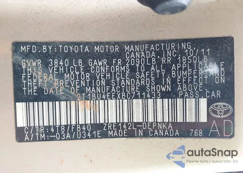 2011 Toyota Corolla Le z USA, uszkodzony, nr VIN 2T1BU4EEXBC711433